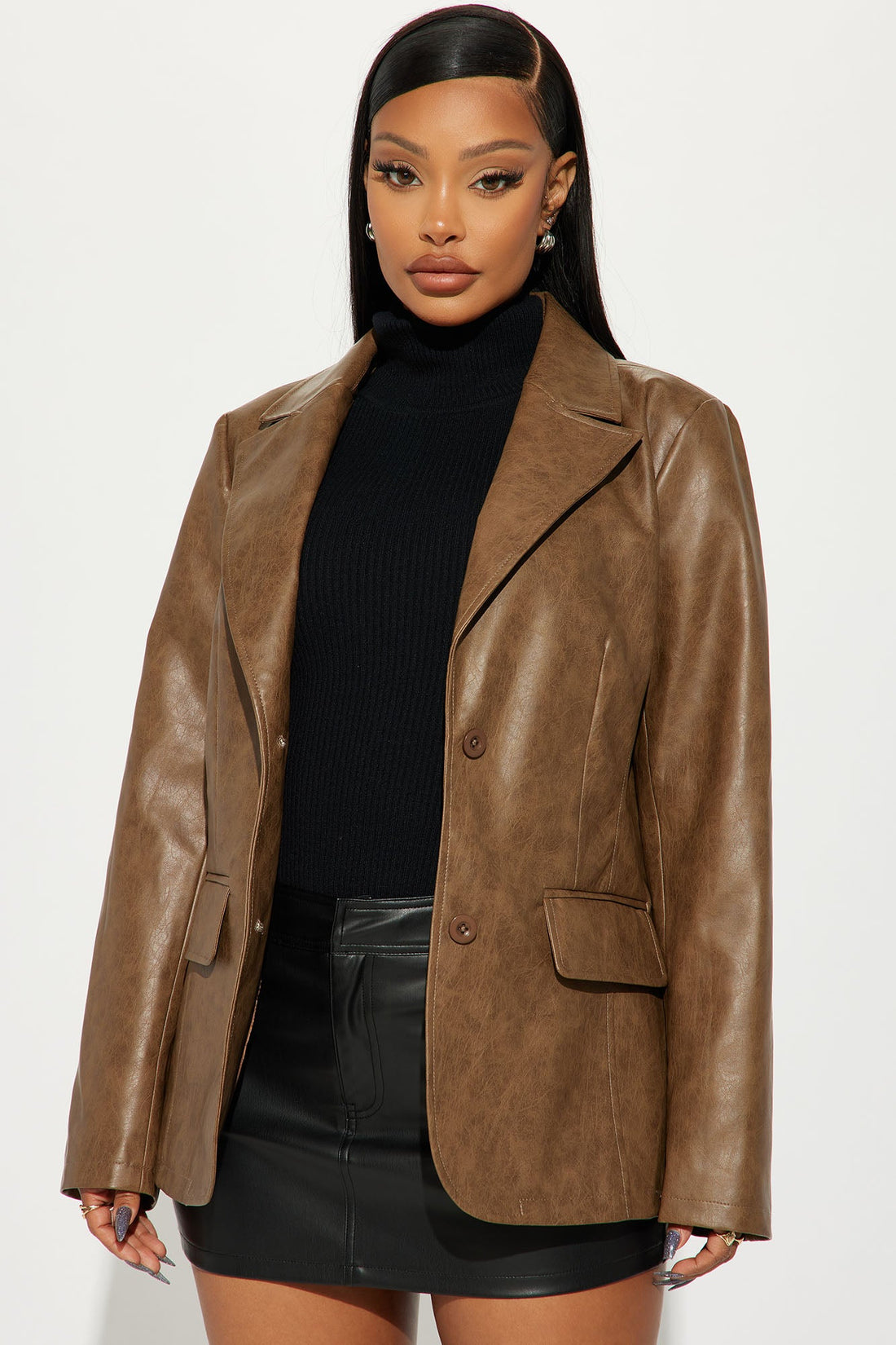 Blaire Washed Faux Leather Blazer - Brown