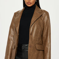 Blaire Washed Faux Leather Blazer - Brown