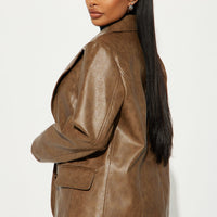 Blaire Washed Faux Leather Blazer - Brown