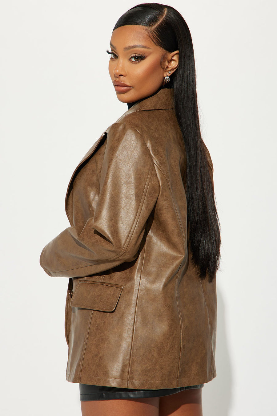 Blaire Washed Faux Leather Blazer - Brown