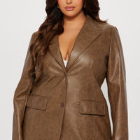 Blaire Washed Faux Leather Blazer - Brown