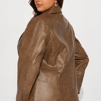 Blaire Washed Faux Leather Blazer - Brown