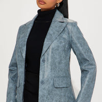 Blaire Washed Faux Leather Blazer - Blue