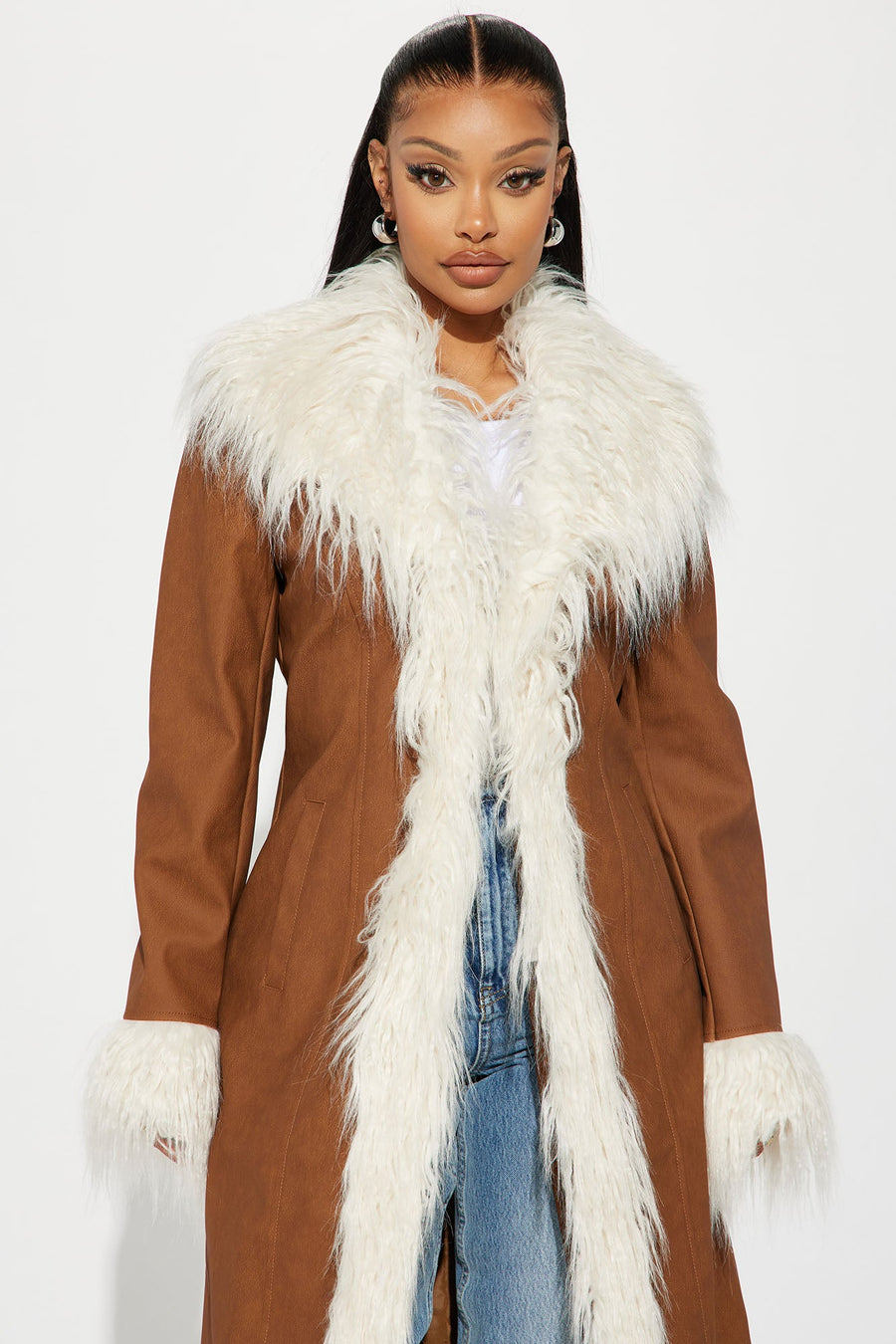 90's Fine Faux Leather Coat - Cognac