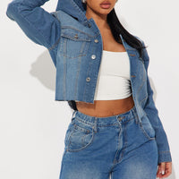Keep The Pace Hooded Denim Jacket - Medium Wash