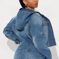 Keep The Pace Hooded Denim Jacket - Medium Wash