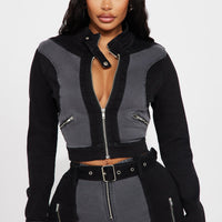 Off To The Races Denim Moto Jacket - Black/Grey
