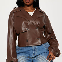 Daphne Faux Leather Cropped Trench - Chocolate