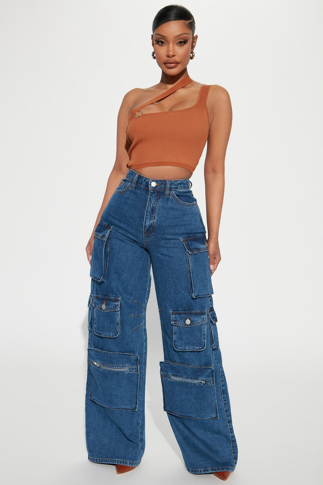 Lily High Rise Cargo Jeans - Medium Blue Wash
