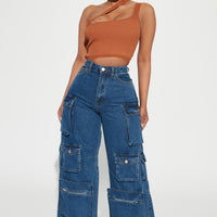 Lily High Rise Cargo Jeans - Medium Blue Wash