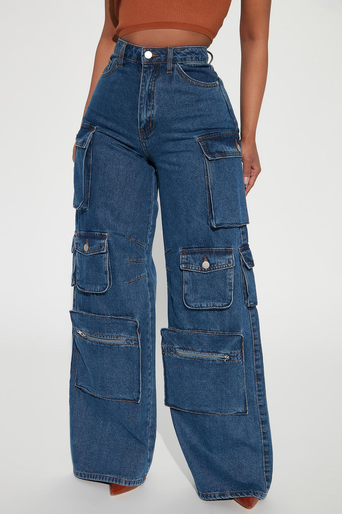 Lily High Rise Cargo Jeans - Medium Blue Wash