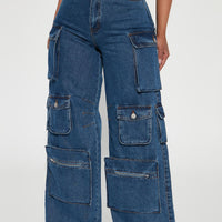 Lily High Rise Cargo Jeans - Medium Blue Wash