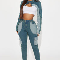 Taking Your Time Stretch Cropped Moto Denim Jacket - Teal