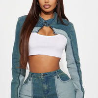 Taking Your Time Stretch Cropped Moto Denim Jacket - Teal