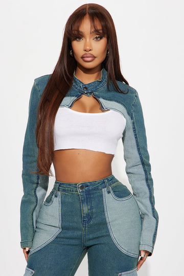 Taking Your Time Stretch Cropped Moto Denim Jacket - Teal
