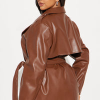Mariah Belted Faux Leather Trench - Chocolate