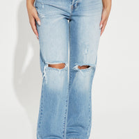 Petite As You Please Ripped Straight Leg Jeans - Light Blue Wash