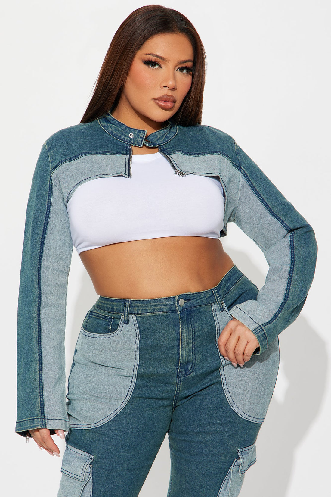 Taking Your Time Stretch Cropped Moto Denim Jacket - Teal
