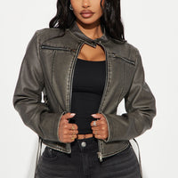 Leona Faux Leather Lace Up Jacket - Black