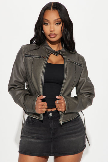 Leona Faux Leather Lace Up Jacket - Black