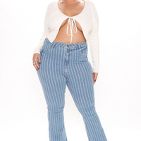 Crossed The Line Striped Flare Jeans - Light Blue Wash