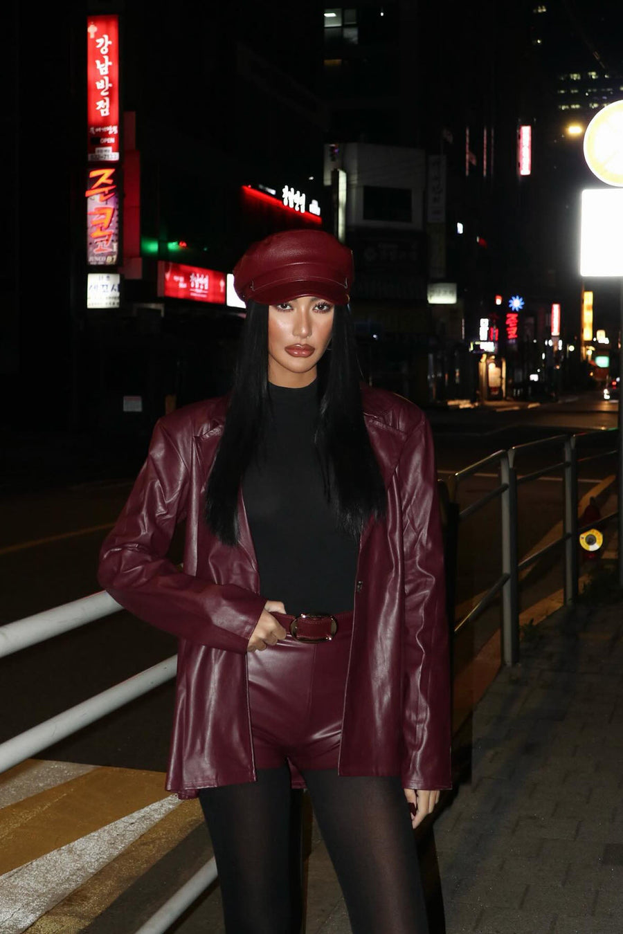 Step Out Oversized Faux Leather Blazer - Burgundy