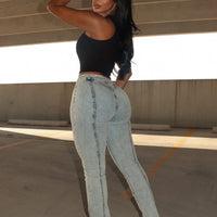 Side Slit Stretch Slim Bootcut Jeans - Acid Wash Denim
