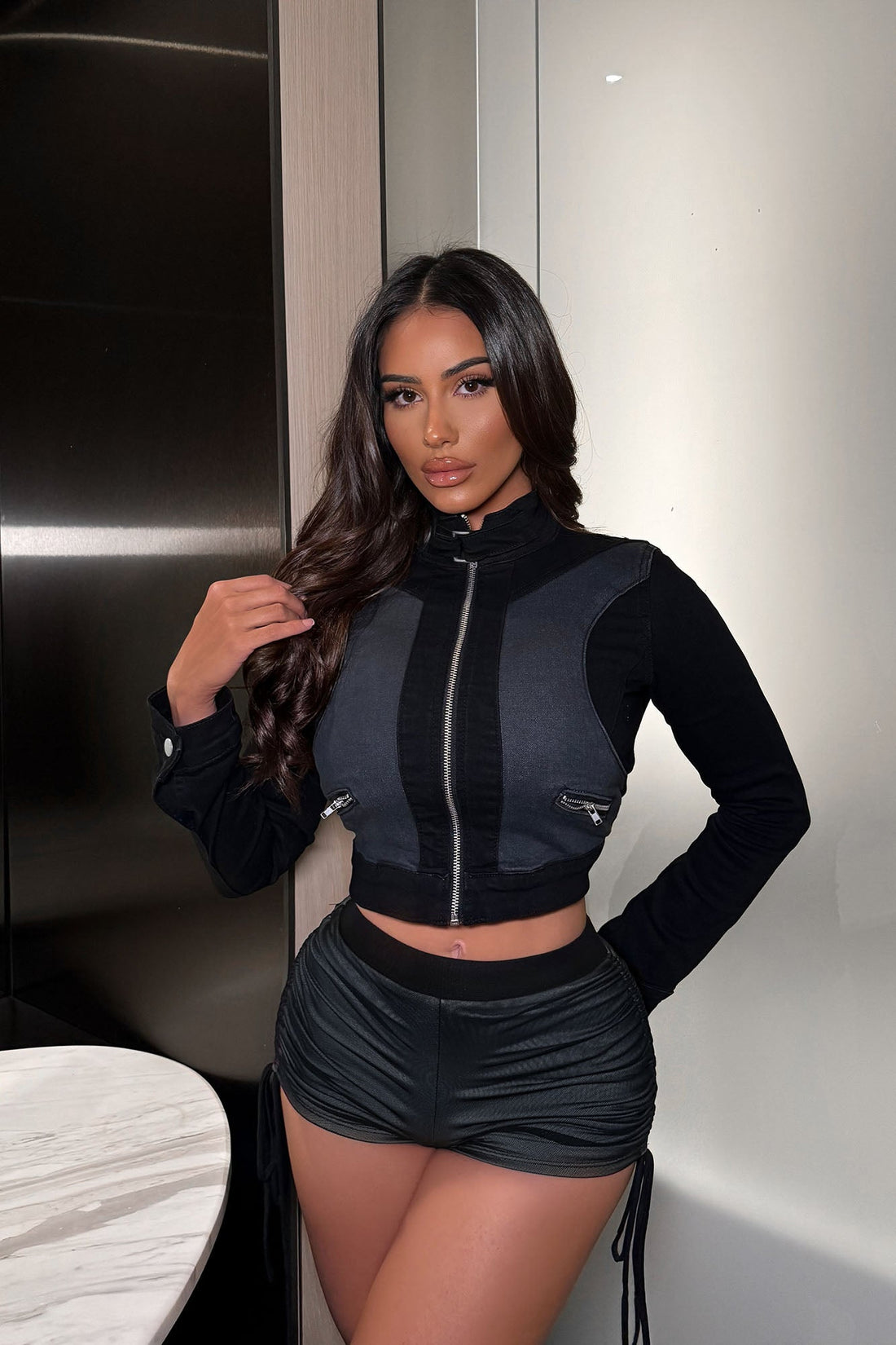 Off To The Races Denim Moto Jacket - Black/Grey