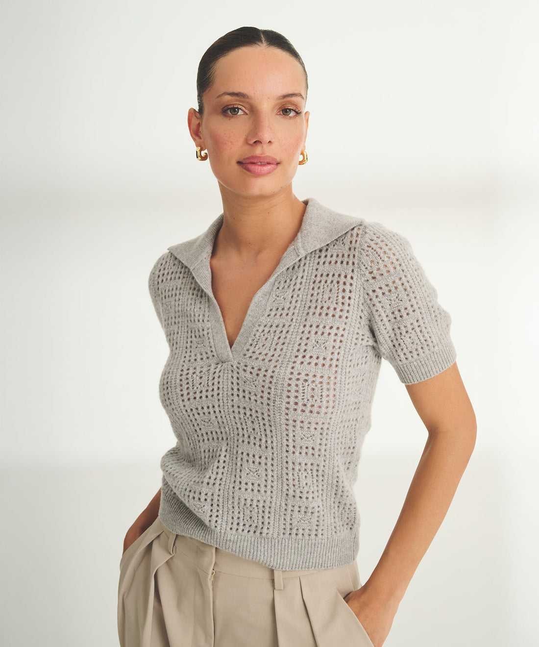 Novelty Cashmere Crochet Short Sleeve Polo