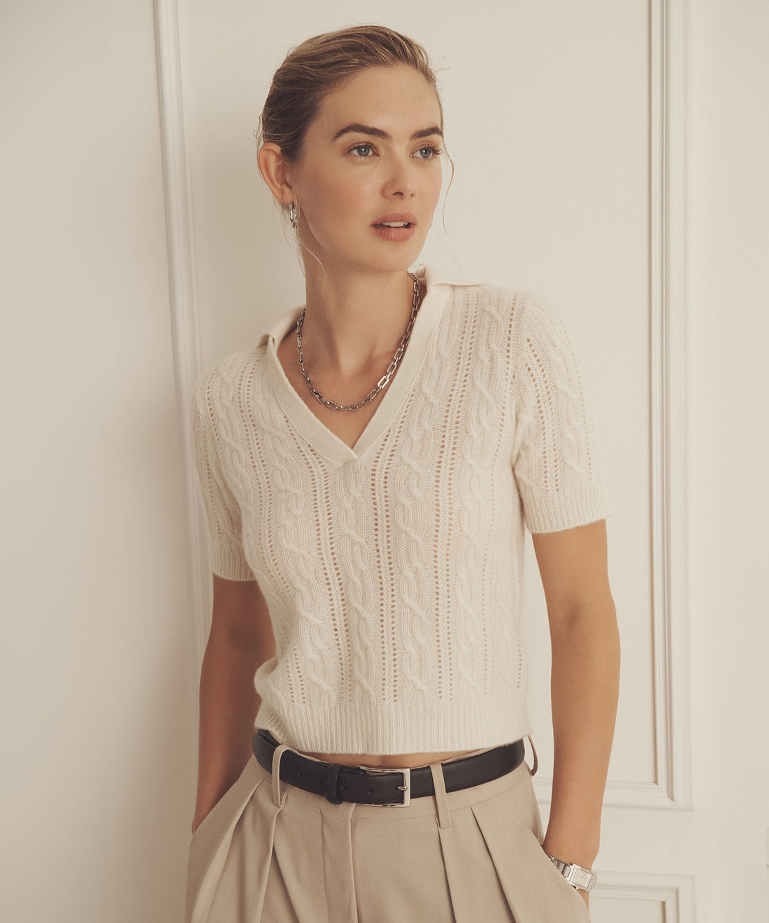 Novelty Cashmere Open Cable Short Sleeve Polo