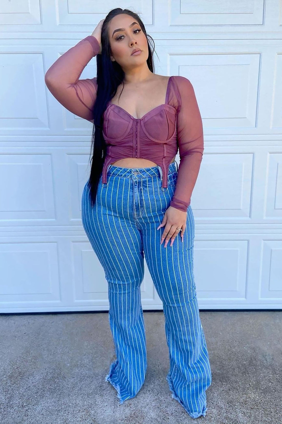 Crossed The Line Striped Flare Jeans - Light Blue Wash