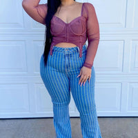 Crossed The Line Striped Flare Jeans - Light Blue Wash