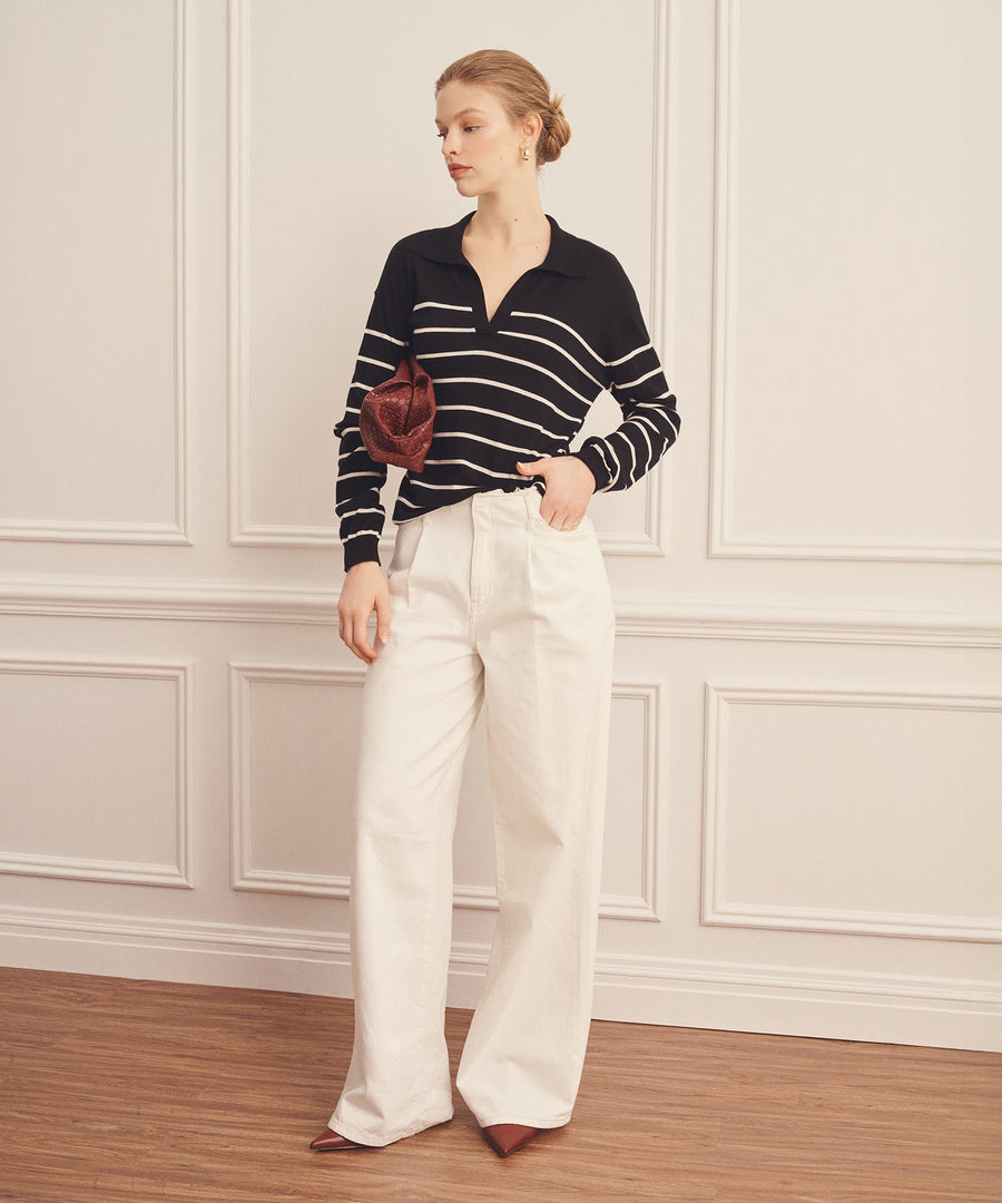 Super Fine Cashmere Long Sleeve Striped Polo