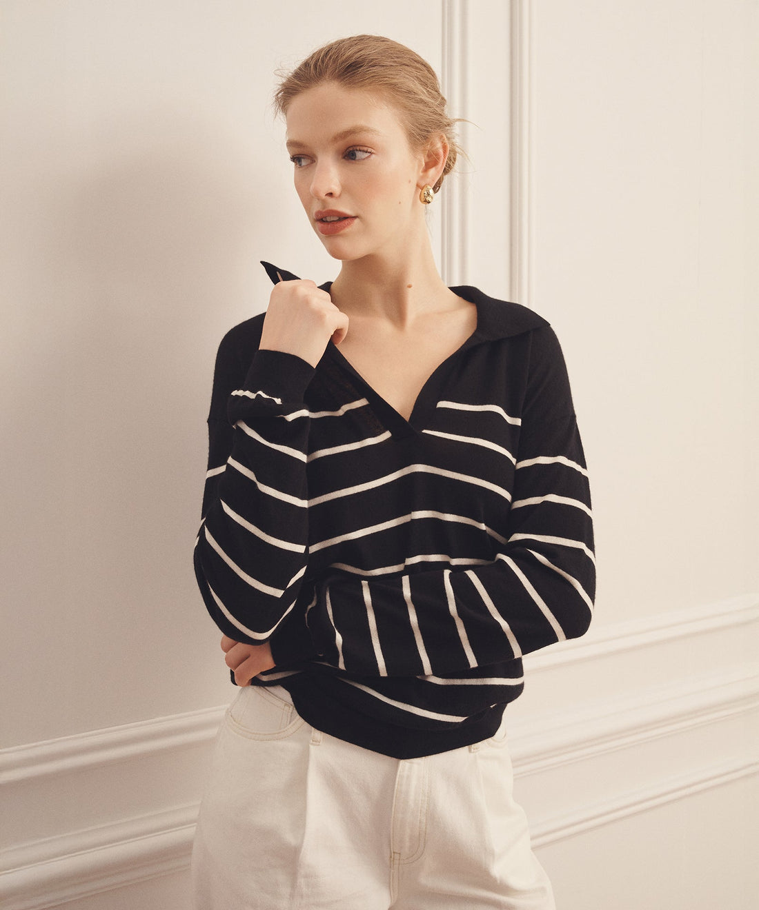 Super Fine Cashmere Long Sleeve Striped Polo