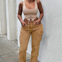 Main Squeeze Mid Rise Straight Leg Cargo Jeans - Khaki