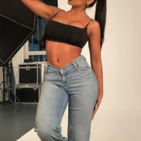V Nice To Meet You Straight Leg Jeans - Light Blue Wash